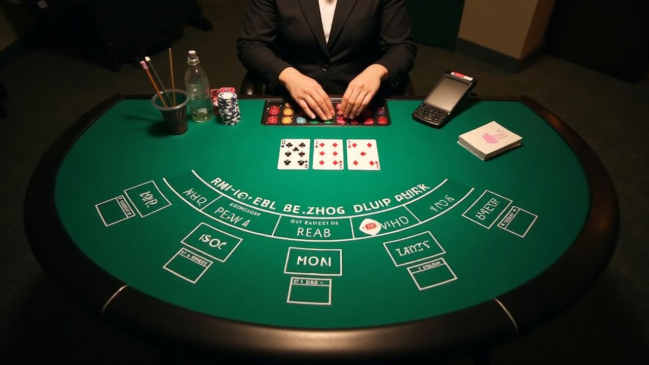 Professional blackjack table showing cards, chips, and basic strategy