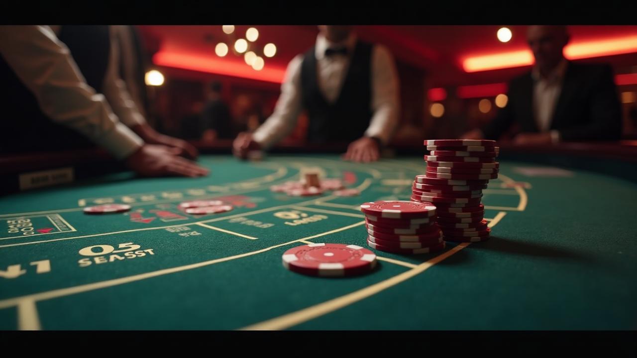 Craps table with dice, betting areas, and chips showing multiple betting options