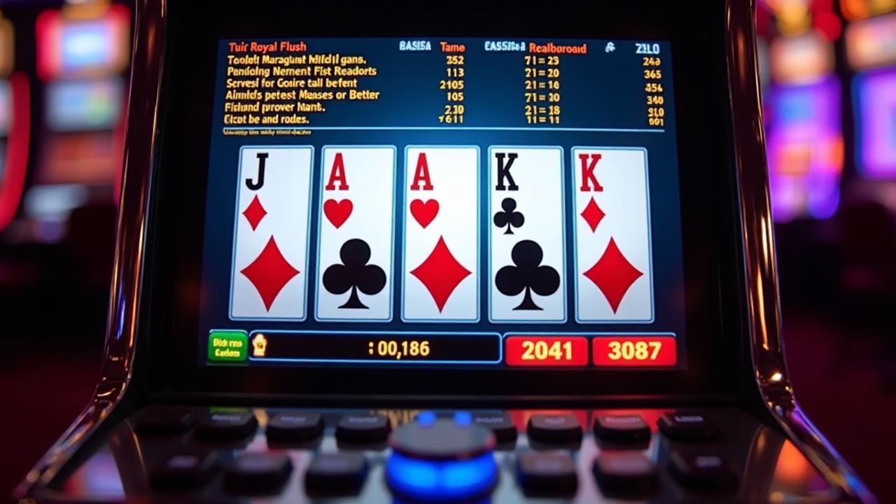 Video poker machine screen showing Jacks or Better royal flush